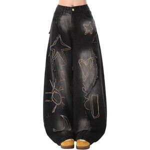 Baggy Women's Jeans Denim Wide Leg Embroidered Patchwork Casual Streetwear